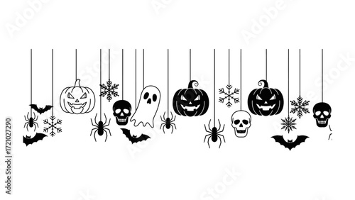 Halloween Silhouette Display: A collection of hanging Halloween silhouettes including pumpkins, skulls, and bats creating a festive mood.