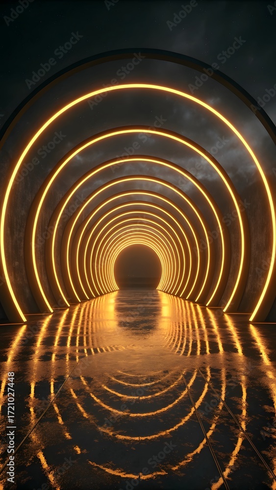Obraz premium Futuristic Glowing Neon Tunnel With Golden Light Rings Symmetry Reflection And Sci Fi Abstract Background