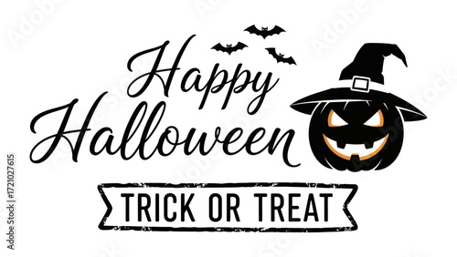 Spooktacular Halloween Celebration: A festive greeting that evokes the essence of the spooky season. With a cheerful jack-o'-lantern with a witch's hat and bats flying above with Happy Halloween