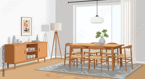 Modern dining room interior illustration with table, chairs, and plant, symbolizing home design, lifestyle, comfort, and contemporary decoration culture