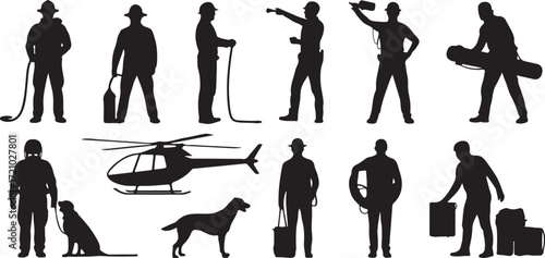 Silhouette Collection of Emergency Responders and Rescue Personnel with Equipment woman firefighter
