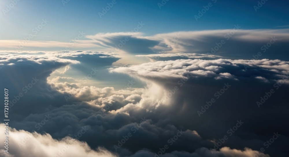 Obraz premium Clouds blanket scene, with light bursting through. Aerial view