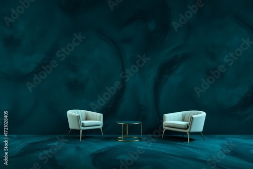 Serene Interior Design: Two minimalist chairs and a small table in a teal-toned room with artistic wall feature creating a luxurious ambiance,perfect for design, interior decor.