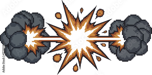 Pixel art explosion with smoke and fire for game design assets and animation effects showcasing dynamic energy and destruction for digital media projects