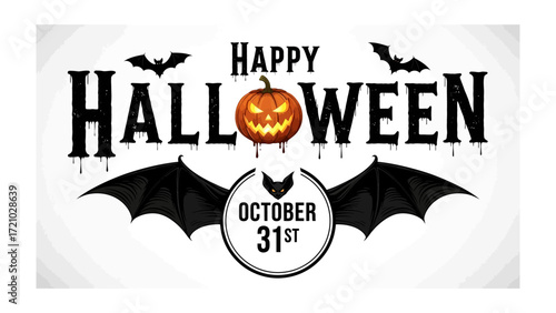 Spooky Halloween Illustration: A festive Halloween illustration with bats, pumpkin, dripping text, celebrating the eerie holiday.