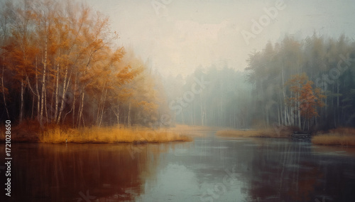 霧に包まれた林間と霞む岸辺を油彩の筆致で重ね、落ち着いた秋の空気感と可読性を両立させたプロ仕様のシーズンビジュアル.生成AI