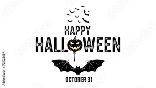 Happy Halloween: Festive typographic art showcasing a smiling jack-o'-lantern and a playful swarm of bats. A seasonal visual celebration of spooky season