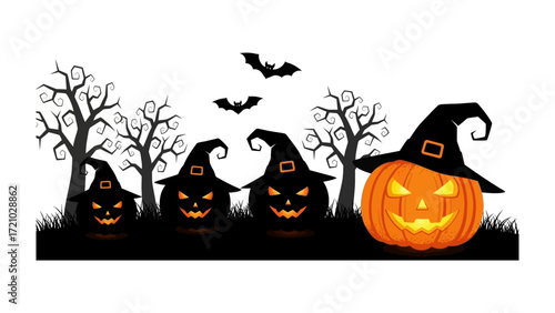 Halloween Pumpkin Decorations: Spooky pumpkins, trees, and bats create a festive Halloween scene. Embrace the thrill and anticipation of the season's spookiest night with the creatively arranged.