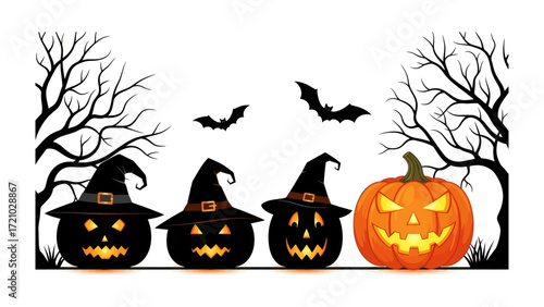 Spooky Halloween Scene with Pumpkins: A festive illustration features grinning pumpkins, a bat and whimsical decorations. This artwork embodies the spirit of Halloween, a spooky holiday.