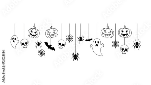 Halloween Decorations: A collection of spooky decorations hanging from above, including carved pumpkins, grinning skulls, bats, spiders, ghosts, and other haunting embellishments.