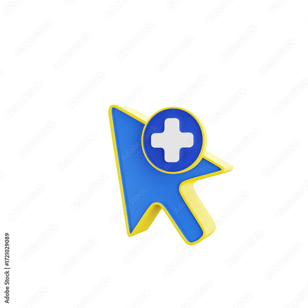 Obraz premium Realistic 3D Rendering Mouse Cursor with Plus Sign Shape Icon