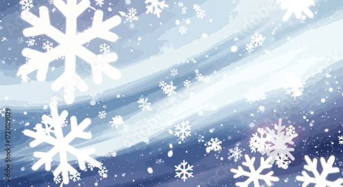 Blue swirling winter background illustration with large snowflakes, symbolizing festive holiday mood, seasonal decoration, and cold celebration design