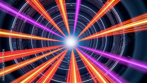Colorful Light Tunnel with Radial Beams and Motion Blur Creating Futuristic Vortex Effect