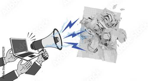 A person holding a laptop and megaphone, projecting energy towards crumpled paper.