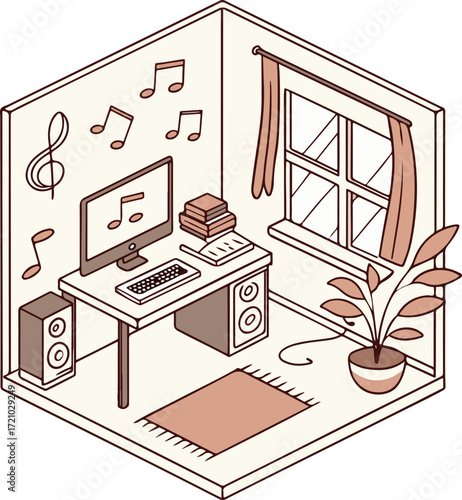 Isometric Home Music Studio with Computer, Speakers, and Musical Notes