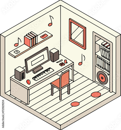 Isometric Illustration of Home Music Studio Room with Computer, Speakers, and Keyboard
