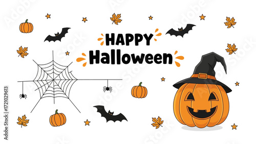 Happy Halloween: A festive collection of Halloween elements, including a grinning pumpkin, spiderweb, bats, and fall leaves, creating a cheerful and spooky atmosphere.