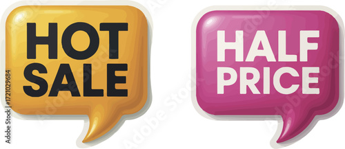 Eyecatching hot sale and half price speech bubbles for promotional marketing campaigns and retail advertising to attract customers with special offers and discounts on products