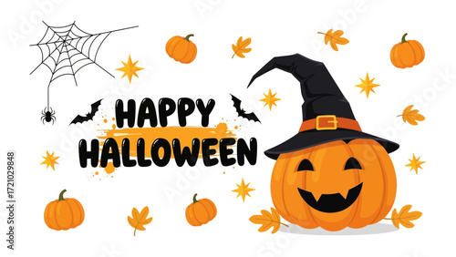 Enchanting Halloween Scene: A charming pumpkin adorned with a witch hat, surrounded by classic festive elements, including spiderweb, bats, stars, and pumpkins.