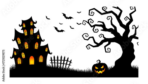 Spooky Halloween Night: A creepy haunted house, ominous bare tree, carved pumpkin and bats flying across a cloudy sky, with a spooky festive atmosphere.