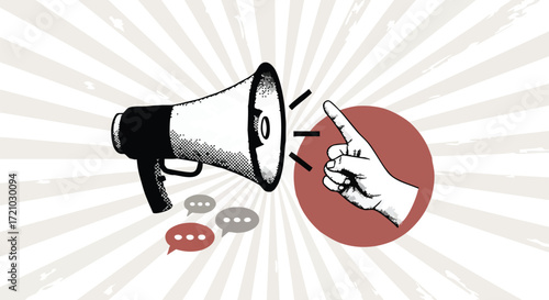 Dynamic megaphone broadcasting important messages with communication bubbles and a decisive finger gesture symbolizing action and engagement