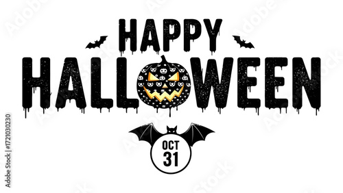 Happy Halloween greeting card: a spooky festive Halloween illustration with a grinning pumpkin and bats and lettering that's perfect for parties and celebrations. 