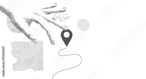 Elegant hand places location pin creating a journey path for modern business planning and creative concepts in a minimalist design