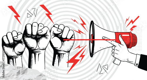 A hand holding a megaphone directing sound waves towards three raised fists, symbolizing protest and activism.