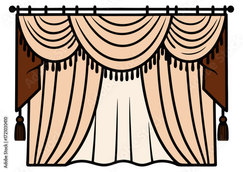 Classic decorative curtain vector illustration with tassels and valance vintage home decor.ai