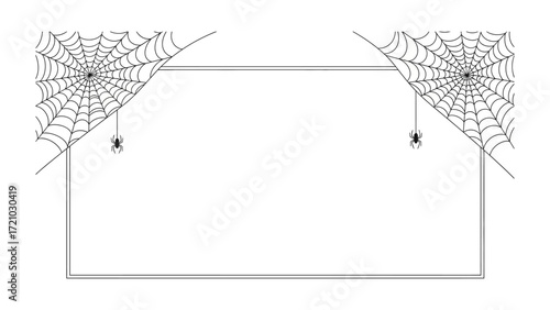 Spooky Webs and Empty Frame: A minimalist, eerie design featuring intricate spiderwebs in opposite corners, complete with tiny spider, frame. Perfect for creative projects with a touch of the macabre.