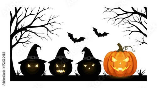 Halloween Scene: A spooky Halloween scene features carved pumpkins with witch hats, glowing eyes, and bats. and barren trees.