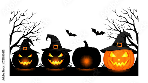 Spooky Halloween pumpkins: Four grinning pumpkins in witch hats and silhouettes of bats against a spooky background, creating a chilling scene for Halloween.