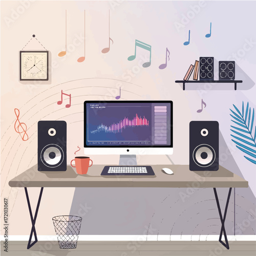 Modern Home Music Studio Desk with Computer, Speakers, and Sound Wave Visualization