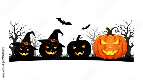 Spooky Halloween Pumpkin Scene: A vibrant composition showcases a collection of carved pumpkins, embodying the essence of Halloween with their illuminated faces and festive decorations.