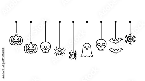 Spooky Halloween Decorations: Spooky line art decorations in monochrome for the All Hallows' Eve celebration, adding a touch of eerie charm to any festive setting.