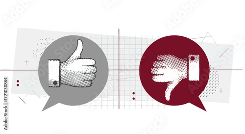 Illustration of thumbs up and thumbs down in speech bubbles, representing positive and negative feedback.