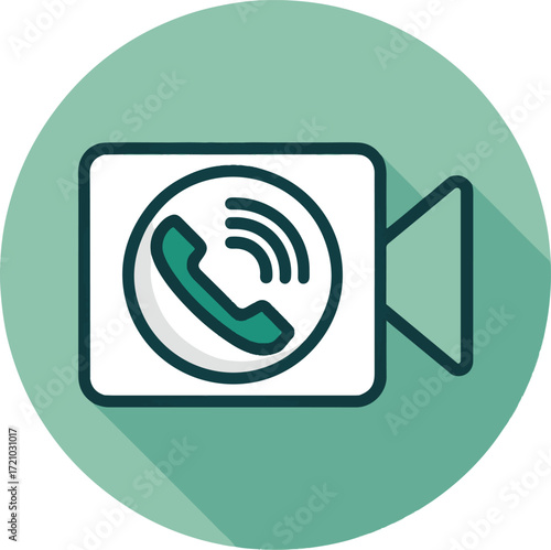 Flat Design Video Call Icon with Phone Symbol in Camera Shape