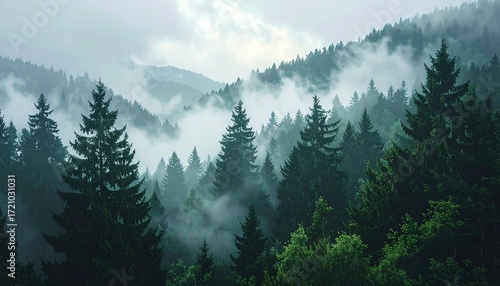 Dense pine forest covered in mystical fog with cinematic atmosphere.