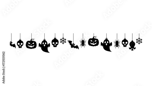 Spooky Halloween Garland: A minimalist Halloween-themed illustration features a row of iconic spooky elements hanging, perfect for evoking the festive spirit of All Hallows' Eve.
