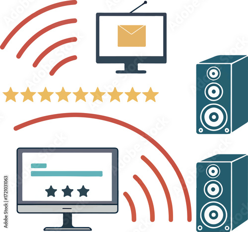 Flat Design Illustration of Media Communication with Screens, Speakers, and Rating Stars