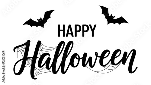 Spooky Halloween: A whimsical illustration spells out Happy Halloween, adorned with bats and spiderwebs, radiating festive delight.