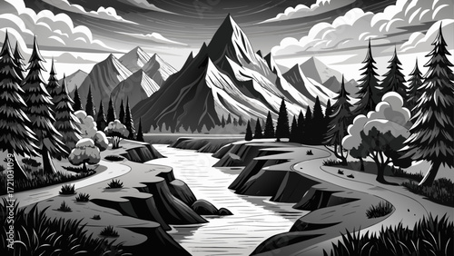 Very beautiful mountain landscape with river and trees, black and white illustration, serene natural scenery, elegant artistic style, flowing water and detailed forest elements, timeless contrast capt
