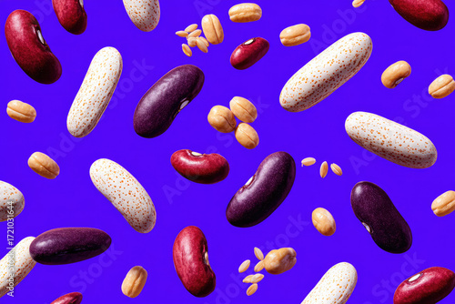 Floating beans seeds grains legumes and pulses on vibrant blue background create playful dynamic food pattern with healthy organic and nutritious feeling