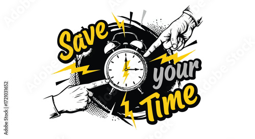 Urgent call to action emphasizing efficiency and productivity with a retro alarm clock and striking graphics.