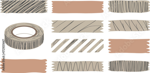 Decorative washi tape collection featuring various patterns and solid colors for scrapbooking and creative projects offering a versatile aesthetic for journaling and crafts