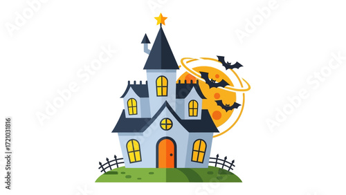 Spooky Halloween House: A whimsical illustration depicts a cartoon haunted house with a menacing facade, complemented by a full moon, bats, and a starlit night sky.
