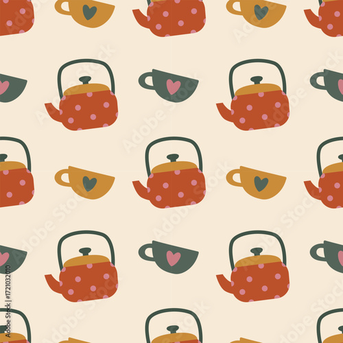 Charming Teapots and Cups Seamless Vector Pattern.  Ideal for fabric printing, wallpaper, kitchen decor, and crafts.