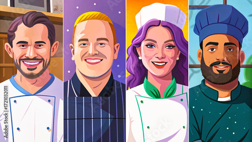 Vector illustration set of smiling chef on isolated background. Perfect for restaurant branding, cooking themes, food blogs, culinary posters, menus, and kitchen-related creative projects.