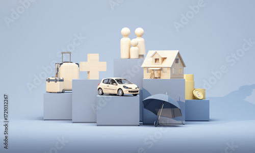 Family figures under umbrella symbolizing life protection and secure future, emphasizing health and safety care. 3d rendering.