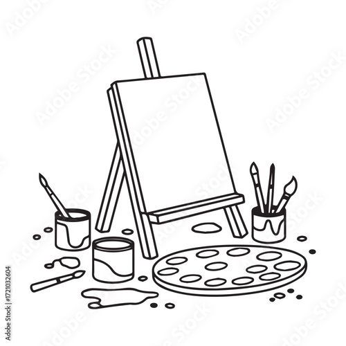 Artist Easel with Canvas, Paint Pots, Brushes, Palette and Splashes Line Art.